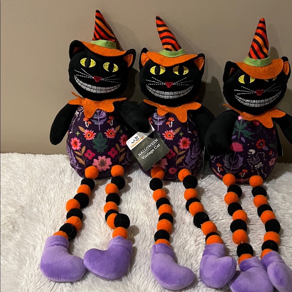 3 Halloween Plush Vintage Style Black Cat 18" Table Decor Shelf Sitter NEW! - Picture 2 of 6